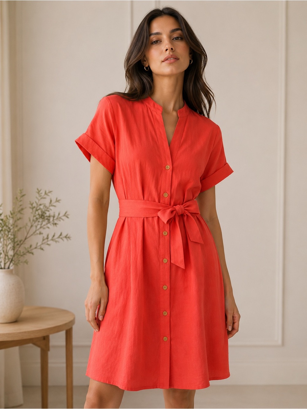 Nautica Coral-Red Button-Front Shirt Dress with Waist Tie